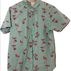Denim and flower blue shirt with pink flamingos. Men’s Medium slim fit.